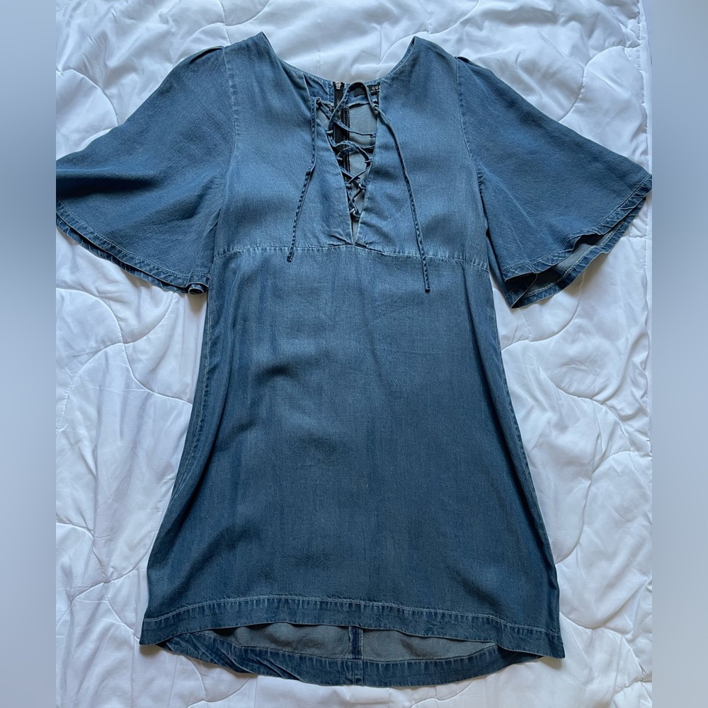 Guess Denim Dress V-Neck Flared Bell Sleeves